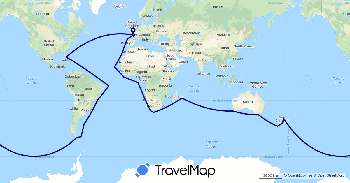 TravelMap itinerary: driving in Australia, Brazil, Chile, Cape Verde, Spain, Falkland Islands, France, New Zealand, São Tomé and Príncipe, United States, South Africa (Africa, Europe, North America, Oceania, South America)