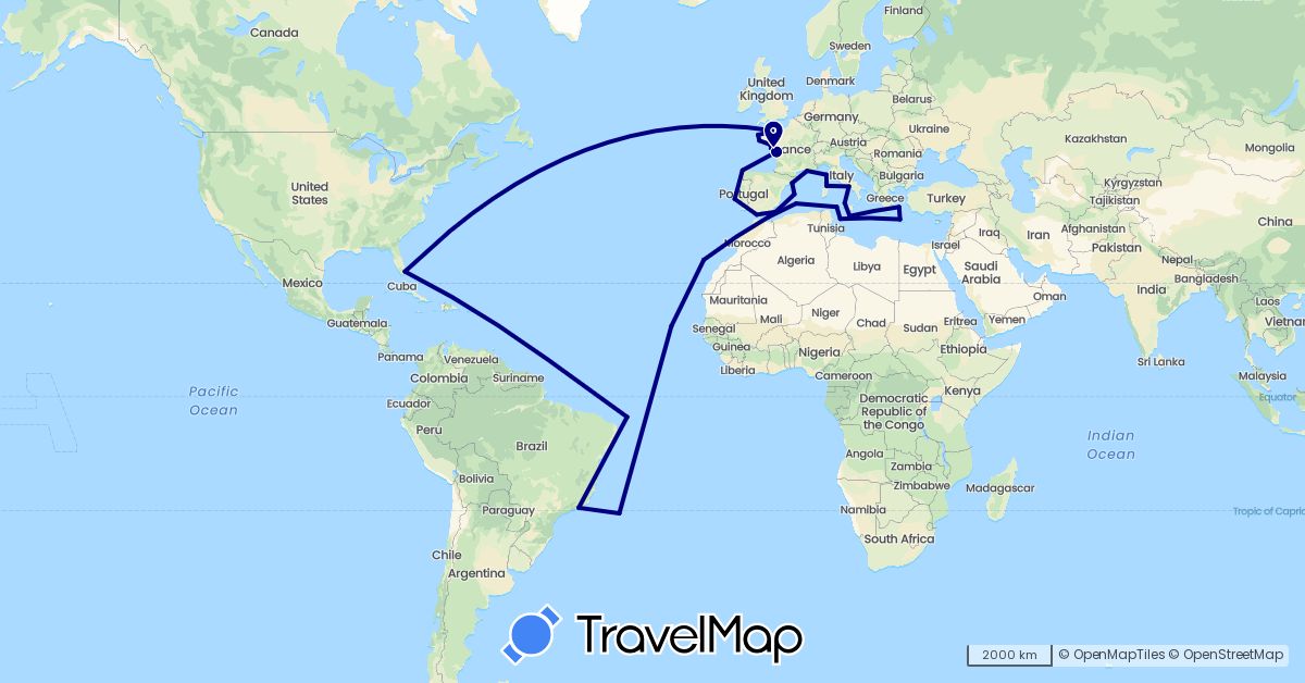 TravelMap itinerary: driving in Brazil, Cape Verde, Algeria, Spain, France, Gibraltar, Greece, Italy, Jersey, Morocco, Malta, Tunisia, United States (Africa, Europe, North America, South America)